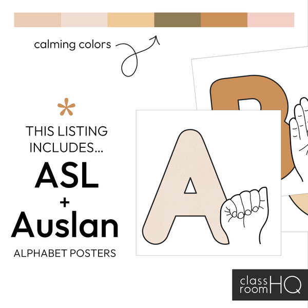 Modern Neutral Boho Theme Classroom Decor ASL Auslan Alphabet Posters | BOHO SUMMER by classroomHQ