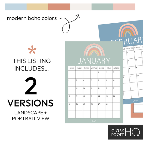 BOHO RAINBOW Simple One Month to a Page Calendar