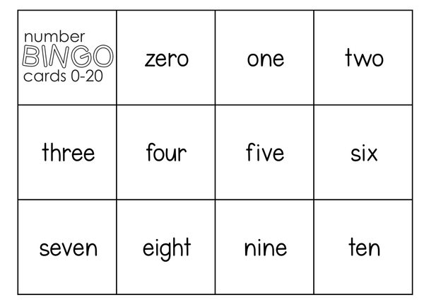 K-2 Math Bingo Game - Identifying Numbers 0 to 20 - Developing Number Sense