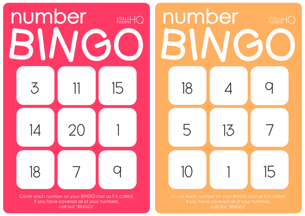 K-2 Math Bingo Game - Identifying Numbers 0 to 20 - Developing Number Sense