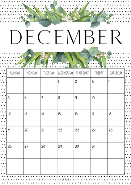 GUM LEAF Simple One Month to a Page Calendar